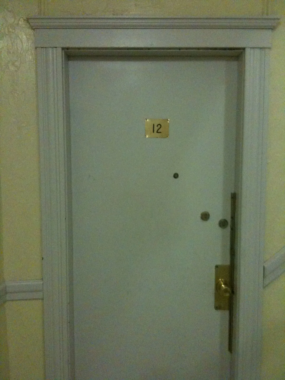 A painted steel door with a small brass number plate reading 12 and a full-height brass edge guard beside the knob
